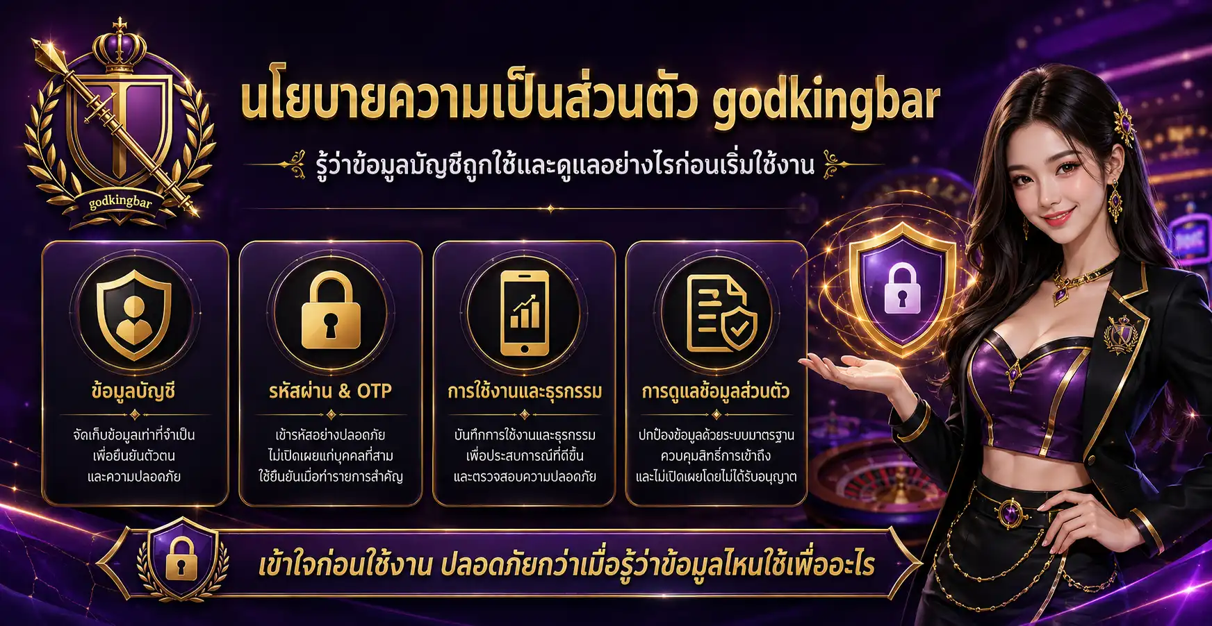 แบนเนอร์ นโยบายความเป็นส่วนตัว godkingbar การดูแลข้อมูลสมาชิก รหัสผ่าน และความเป็นส่วนตัวของบัญชี