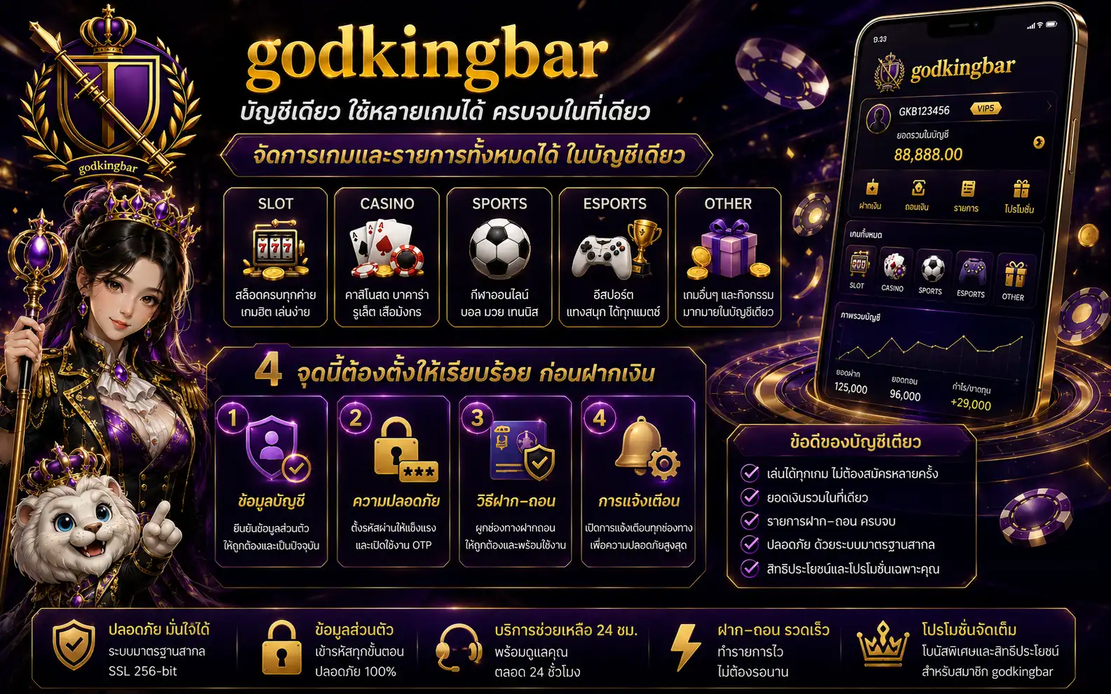 หน้าจอสมาชิกพร้อมการตั้งค่าบัญชีและระบบเข้าสู่ระบบ godkingbar